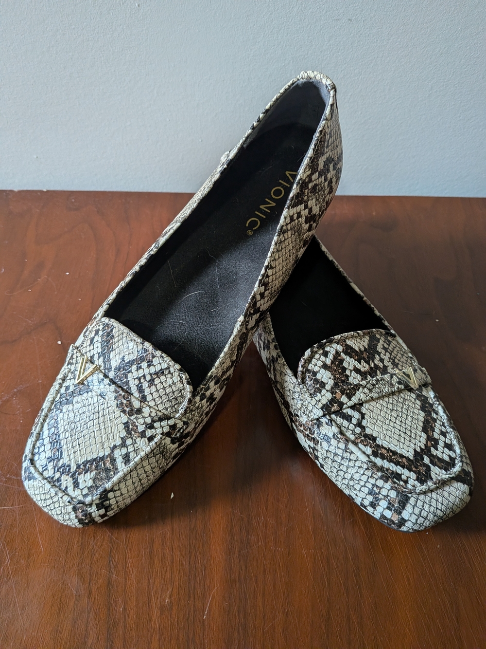 Vionic Women’s Snake-Print Loafers in Beige and Black